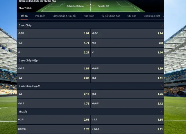 Bảng tỷ lệ kèo trận Athletic Bilbao vs Sevilla